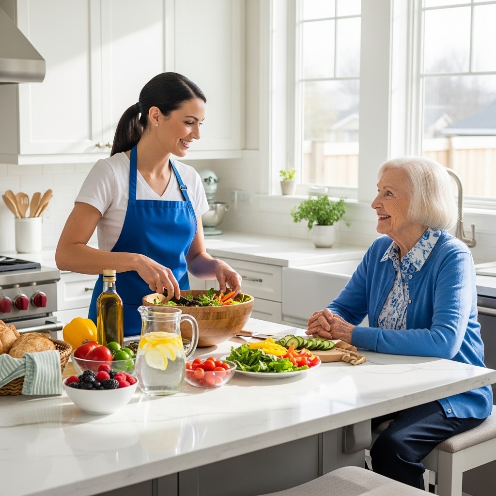 Caregiver preparing a meal for a senior with Parkinson's in Houston